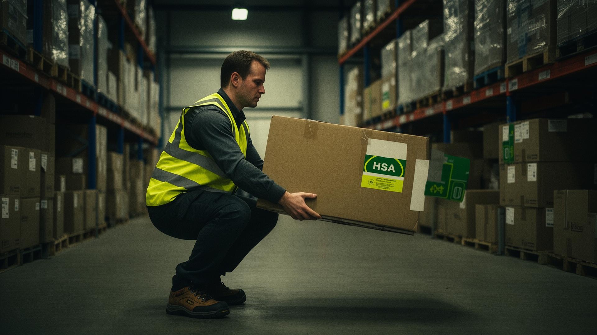 Worker demonstrating a safe deep-squat lift in an Irish warehouse